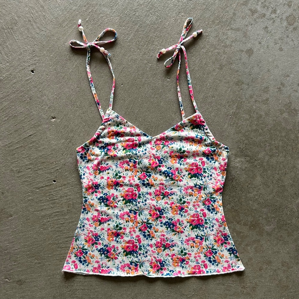 Showpo Floral Cami Top Womens US 4 Tie Shoulder Pearl Bead Straps Stretch Tank